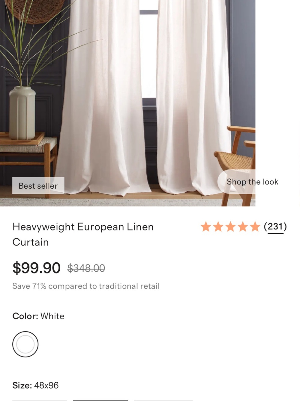 Quince White heavyweight European Linen Curtain Panel. Brand new!
